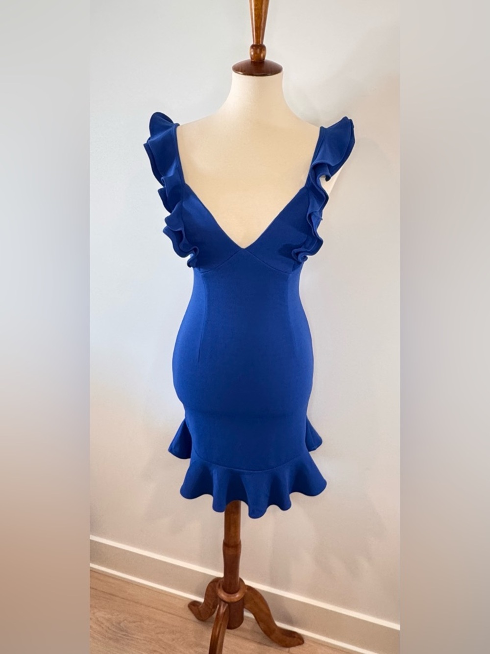 Hello Molly Royal Blue Ruffle V‑Neck Bodycon Mini Dress Ladies S (4) WORN ONCE
